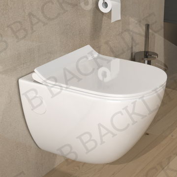 B Backline Ceramic Wall Mount , Wall Hung Western Water Closet Rimless Western Commode Toilet with Soft Seat Cover White