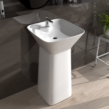 B Backline Ceramic Pedestal Free Standing Wash Basin Square 17 Inch White