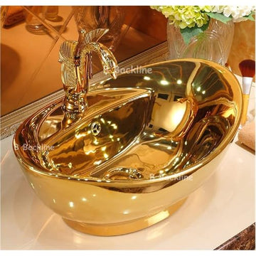 B Backline Ceramic Counter Top/Over Counter Wash Basin Table Top/Vessel Sink for Bathroom & Living Room 59 X 39 X 21 cm (Gold)