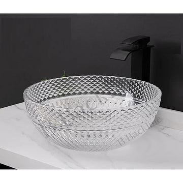 B Backline Luxury Glass Basin | Table Top Wash Basin | Counter Top Basin | Glass Bowl Basin For Bathroom & Livingrooms 42 X 42 X 18 Cm (White Transprent)