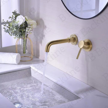 B Backline Brass Wall Mount Single Lever Basin Mixer Tap with Hot & Cold Water for Bathroom & Livingroom (Brushed Gold)
