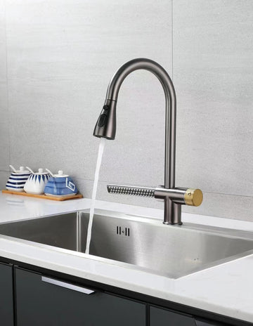 B Backline Brass Single Lever Kitchen Sink Faucet Mixer 360° Pull-Out Sprayer Kitchen Faucet Tap  with Multi-Function Spray Head, Black