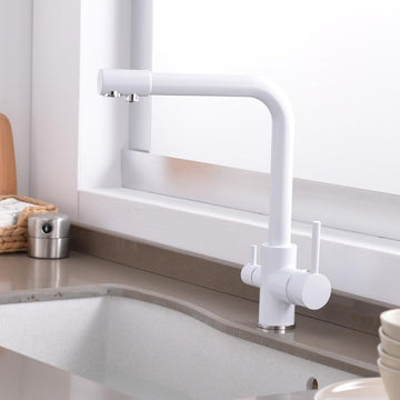 B Backline Brass Kitchen Faucet Tap Double Lever Hole RO Drinking water tap kitchen faucet (White Glossy)