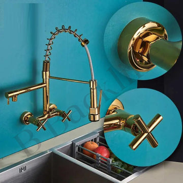 B Backline Brass Wall-Mount Sink Tap Hot & Cold Mixer Pullout Kitchen Faucet(Gold)