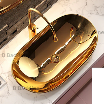 B Backline Ceramic Table Top, Counter Top Wash Basin 25 X 14 X 6 Inches Gold Glossy