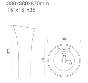 B Backline Ceramic Pedestal Wash Basin Free Standing Round 15 Inch