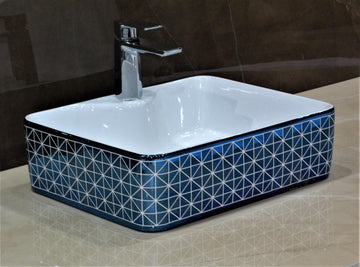 Ceramic Designer Table Top Over Counter Vessel Sink Wash Basin for Bathroom 19 X 15 X 5.5 Inch Blue White Glossy Finish - Bath Outlet