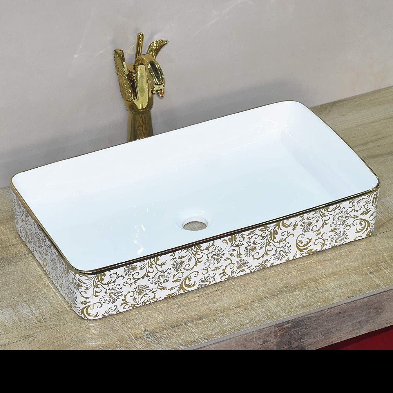 Ceramic Premium Desisgner Table Top Over Counte Vessel Sink Wash Basin for Bathroom 24 x 14 x 4.5 Inch Rectangle Shape Golden Floral - Bath Outlet