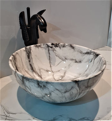 B Backline Ceramic Premium Designer Table Top Over Counter Vessel Sink Above Counter top Wash Basin for Bathroom 13 x 13 x 5 Inch in Round Shape White Marble