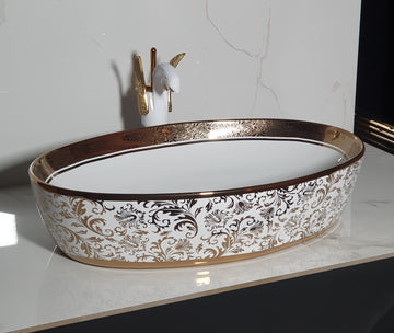 B Backline Ceramic Table Top, Counter Top Wash Basin 24.5 X 16 X 5.5 Inch Gold White