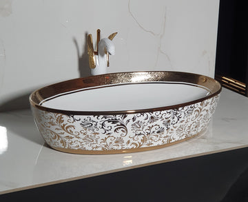 B Backline Ceramic Table Top, Counter Top Wash Basin 24.5 X 16 X 5.5 Inch Gold White