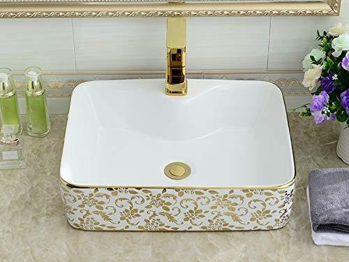 Ceramic Premium Desisgner Table Top Over Counte Vessel Sink Wash Basin for Bathroom 19 X 14 X 5 Inches Gold White Basin For Bathroom - Bath Outlet