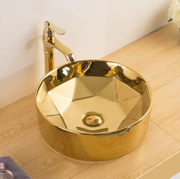 B Backline Ceramic Table Top, Counter Top Wash Basin 16 X 16 X 5.5 Inch Gold Glossy