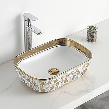 B Backline Ceramic Table Top, Counter Top Wash Basin 18 x 13 Inch Gold White