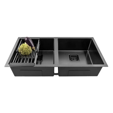 B Backline Kitchen Sink Double Bowl Stainless Steel 1.2 mm 37 x 18 x 9 Inch Nano Black