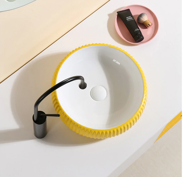 B Backline Ceramic Yellow Table Top, Counter Top Wash Basin 40 x 40 cm