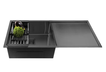 B Backline  Kitchen Sink Single Bowl with Drainboard 37 x 18 x 9 Inches Nano Black Matt Finish