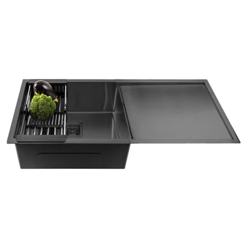 B Backline  Kitchen Sink Single Bowl with Drainboard 37 x 18 x 9 Inches Nano Black Matt Finish