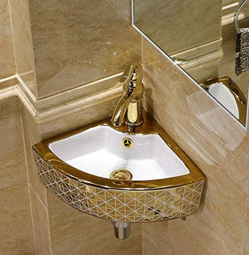 Ceramic Wall Hung or Wall Mount Corner Basin 14 x 14 Inch Glossy Finish Designer Bathroom Sink Golden White Color - Bath Outlet