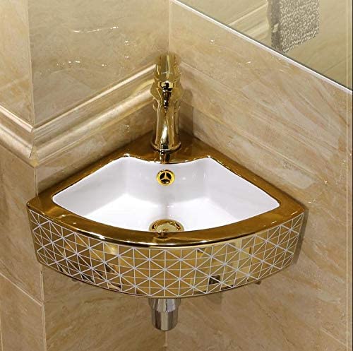 Ceramic Wall Hung or Wall Mount Corner Basin 14 x 14 Inch Glossy Finish Designer Bathroom Sink Golden White Color - Bath Outlet