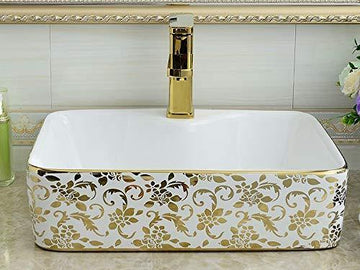 Ceramic Premium Desisgner Table Top Over Counte Vessel Sink Wash Basin for Bathroom 19 X 14 X 5 Inches Gold White Basin For Bathroom - Bath Outlet