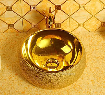 B Backline Ceramic Table Top, Counter Top Wash Basin 16 X 16 X 5.5 Inch Gold