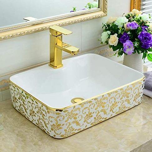 Ceramic Premium Desisgner Table Top Over Counte Vessel Sink Wash Basin for Bathroom 19 X 14 X 5 Inches Gold White Basin For Bathroom - Bath Outlet