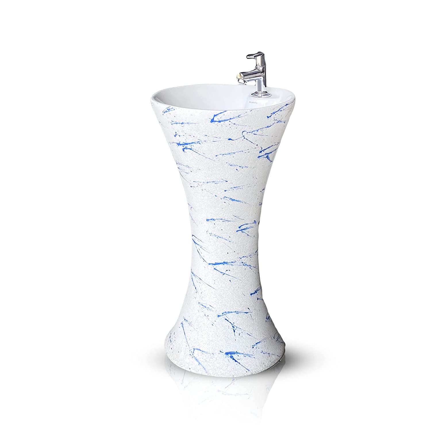 B Backline Ceramic Pedestal Free Standing Wash Basin Round 16 Inch Blue White