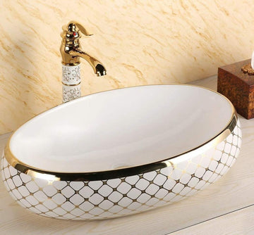 Ceramic Designer Table Top Vessel Sink Wash Basin for Bathroom & Living Room 24 X 16 X 5 Inch (Gold White) - Bath Outlet