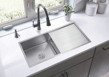 Kitchen Sink, 1.2 mm Thickness, Handmade Kitchen Sink (Silver) 36 x 18 x 8 Inch With Drainboard - Bath Outlet