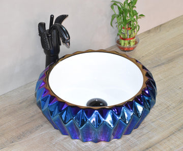 Designer Ceramic Wash Basin Vessel Sink Over or Above Counter Top Wash Basin for Bathroom Round Shape Blue White 16 x 16 x 6 Inch - Bath Outlet