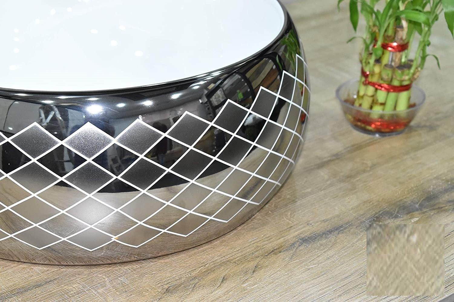 Ceramic Premium Desisgner Table Top Over Counter Vessel Sink Wash Basin for Bathroom 16 X 16 X 6 Inches Silver White Basin For Bathroom - Bath Outlet