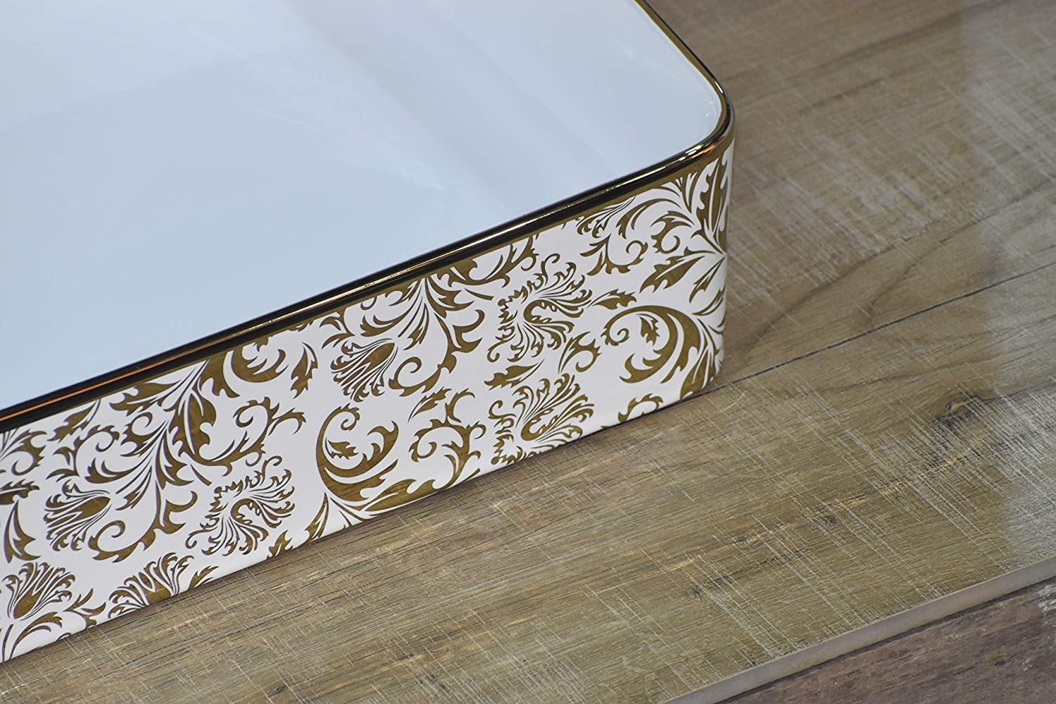 Ceramic Premium Desisgner Table Top Over Counte Vessel Sink Wash Basin for Bathroom 24 x 14 x 4.5 Inch Rectangle Shape Golden Floral - Bath Outlet