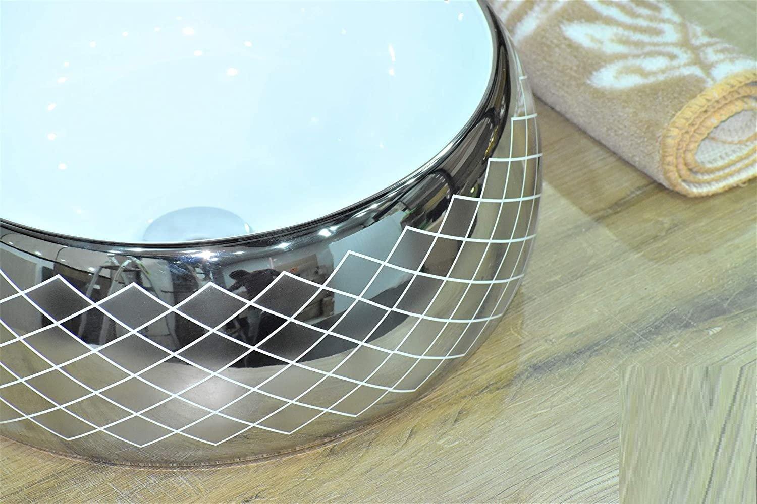 Ceramic Premium Desisgner Table Top Over Counter Vessel Sink Wash Basin for Bathroom 16 X 16 X 6 Inches Silver White Basin For Bathroom - Bath Outlet