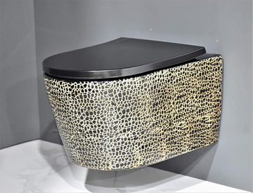 Ceramic Commode Wall Mount/Wall Hung Western Toilet/Commode/Water Closet/EWC/WC/European Commode with Soft Close Seat Cover in Black Gold Color - Bath Outlet