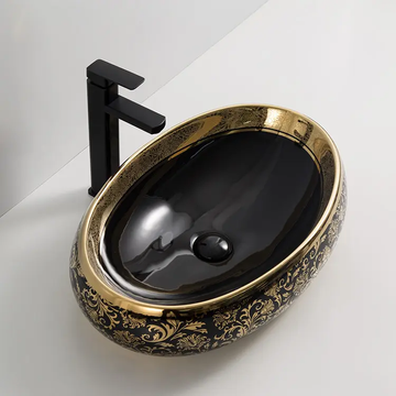 Ceramic Table Top Wash Basin 60x40 cm Black Gold Glossy for Bathroom