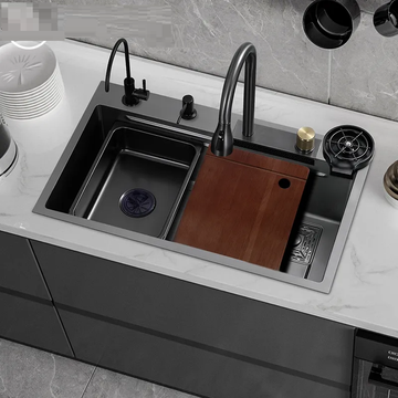 B Backline Kitchen Sink With Waterfall Faucet Ro Mineral Water Tap Glass Washer 2 Fruit Basket Chopping Board Single Bowl Sink Black Matt 30 x 18 x 9 Inches
