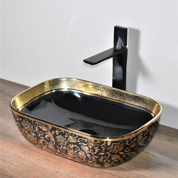 Ceramic Premium Designer Rectangle Shape Table Top Over Counter Vessel Sink Wash Basin for Bathroom 18 X 13 X 5.5 Inch Black Gold Basin For Bathroom - Bath Outlet