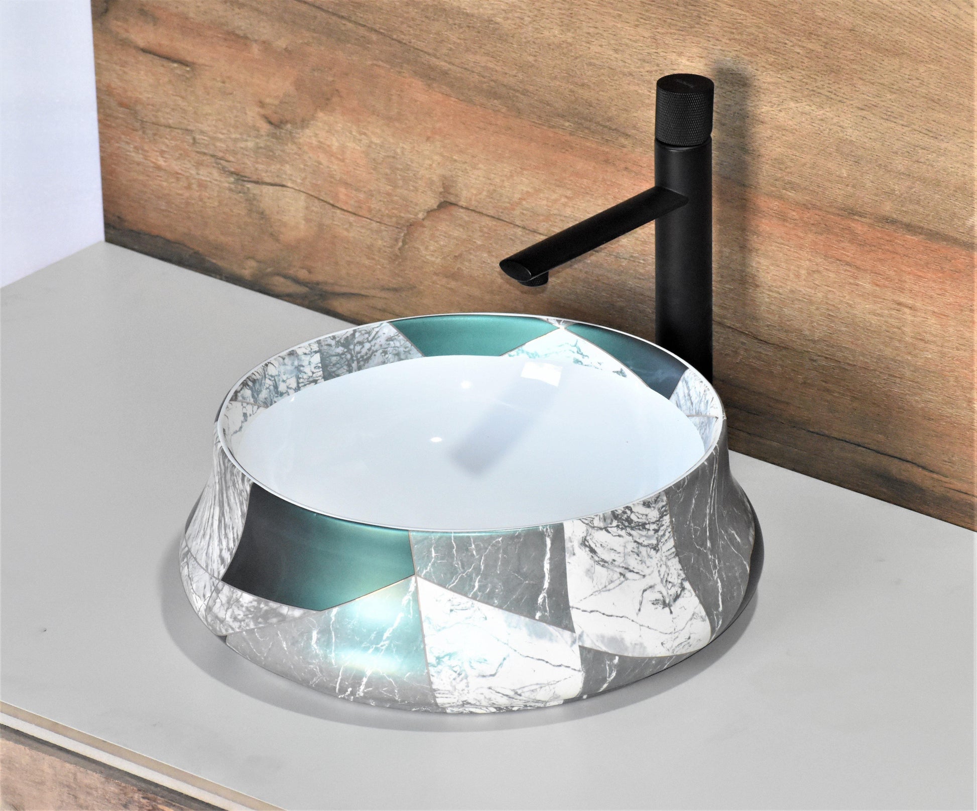 Ceramic Table Top Premium Designer Ceramic Wash Basin /Vessel Sink Round Green White Marble Designer Basin for Bathroom 16 x 16 x 5.5 Inch - Bath Outlet