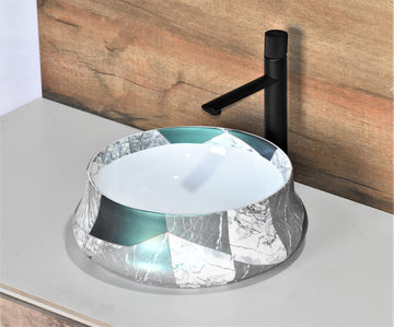 Ceramic Table Top Premium Designer Ceramic Wash Basin /Vessel Sink Round Green White Marble Designer Basin for Bathroom 16 x 16 x 5.5 Inch - Bath Outlet