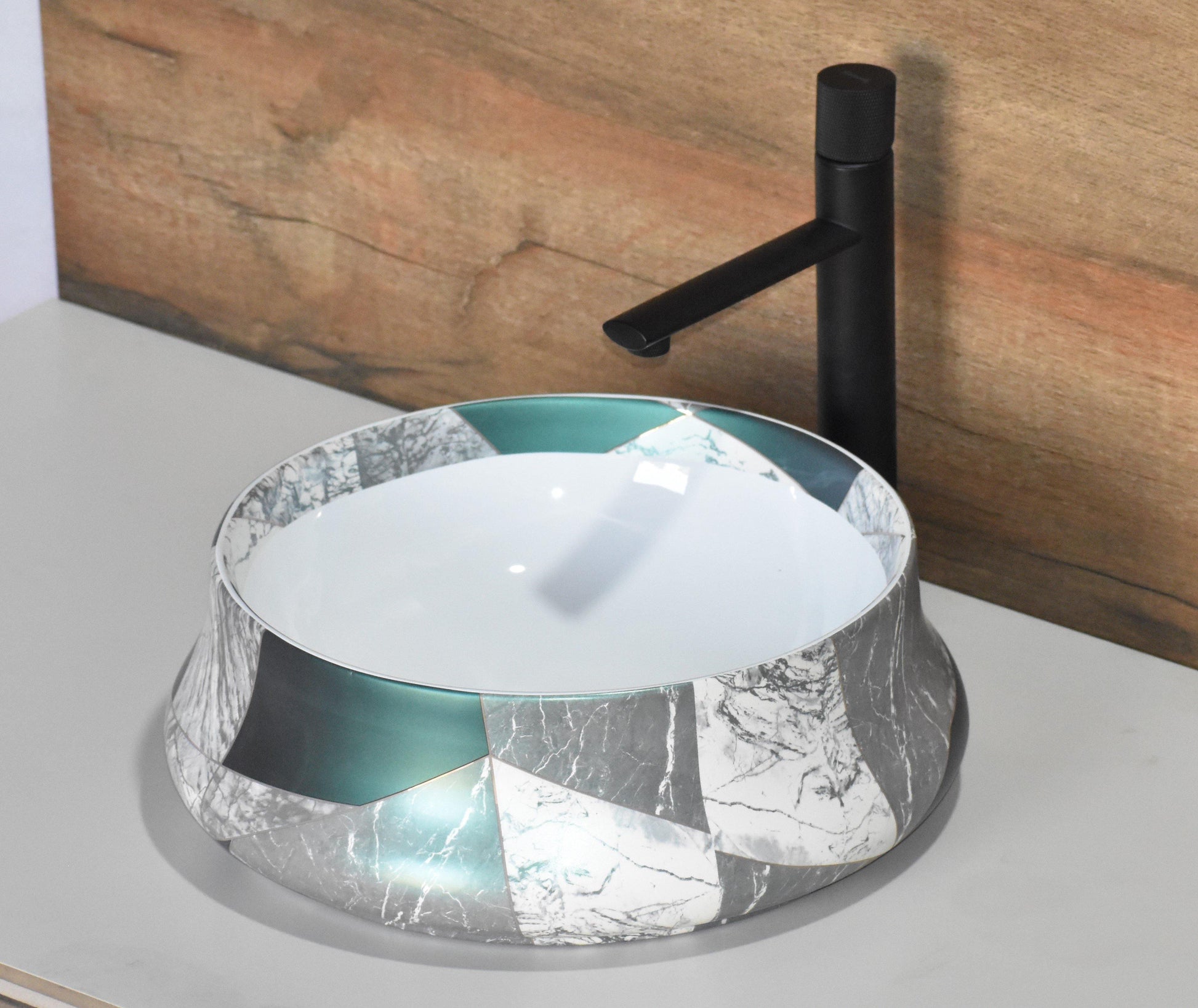 Ceramic Table Top Premium Designer Ceramic Wash Basin /Vessel Sink Round Green White Marble Designer Basin for Bathroom 16 x 16 x 5.5 Inch - Bath Outlet