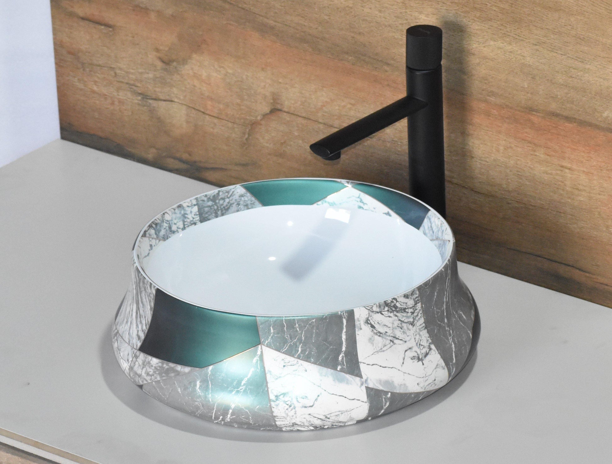 Ceramic Table Top Premium Designer Ceramic Wash Basin /Vessel Sink Round Green White Marble Designer Basin for Bathroom 16 x 16 x 5.5 Inch - Bath Outlet