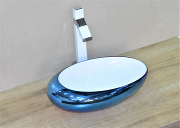 Table Top Designer Blue White Wash Basin 49 X 31 X 14 Cm - Bath Outlet