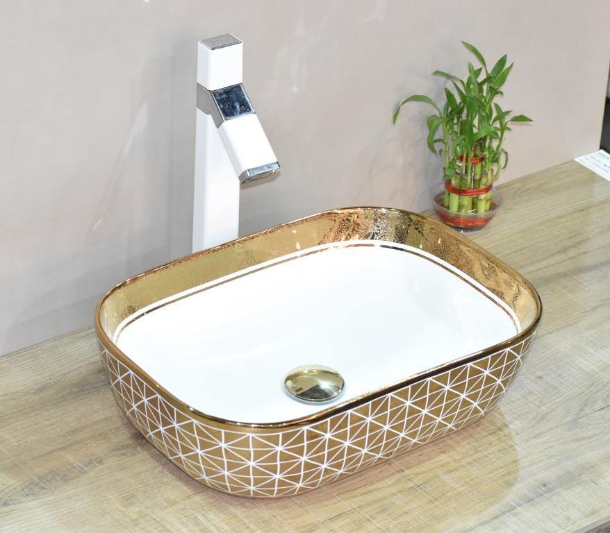 Designer Ceramic Wash Basin/Vessel Sink/Over or Above Counter Top Wash Basin for Bathroom Round Shape Golden White 18 x 13 x 5.5 Inch Gold White Line - Bath Outlet