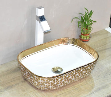 B Backline Ceramic Gold Table Top, Counter Top Wash Basin 18 X 13 X 5.5 Inches Rosegold White Color