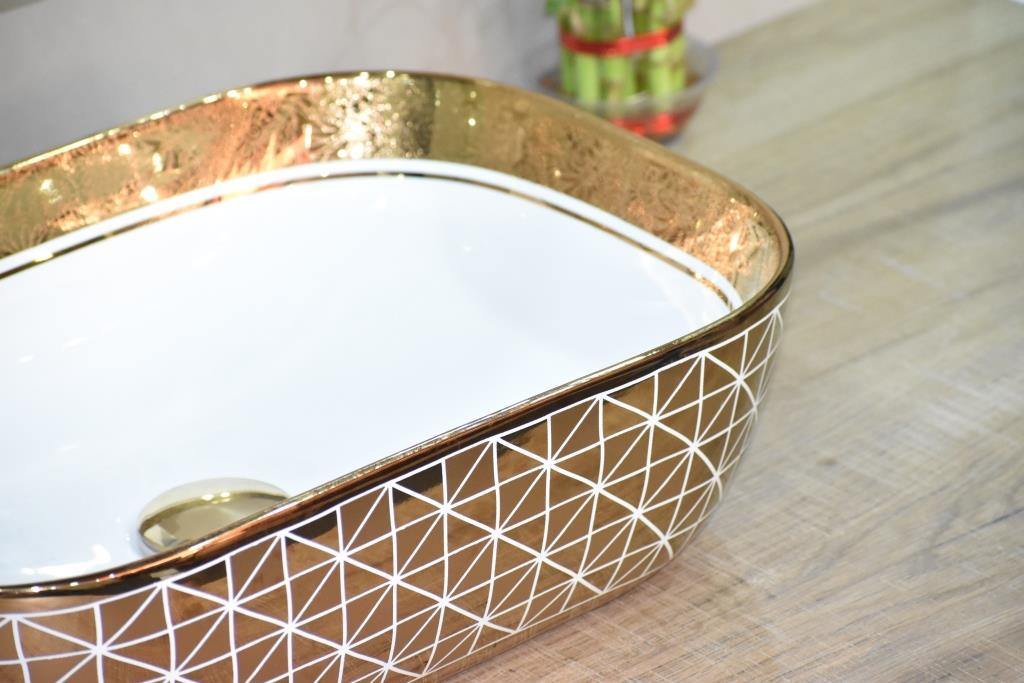 Designer Ceramic Wash Basin/Vessel Sink/Over or Above Counter Top Wash Basin for Bathroom Round Shape Golden White 18 x 13 x 5.5 Inch Gold White Line - Bath Outlet