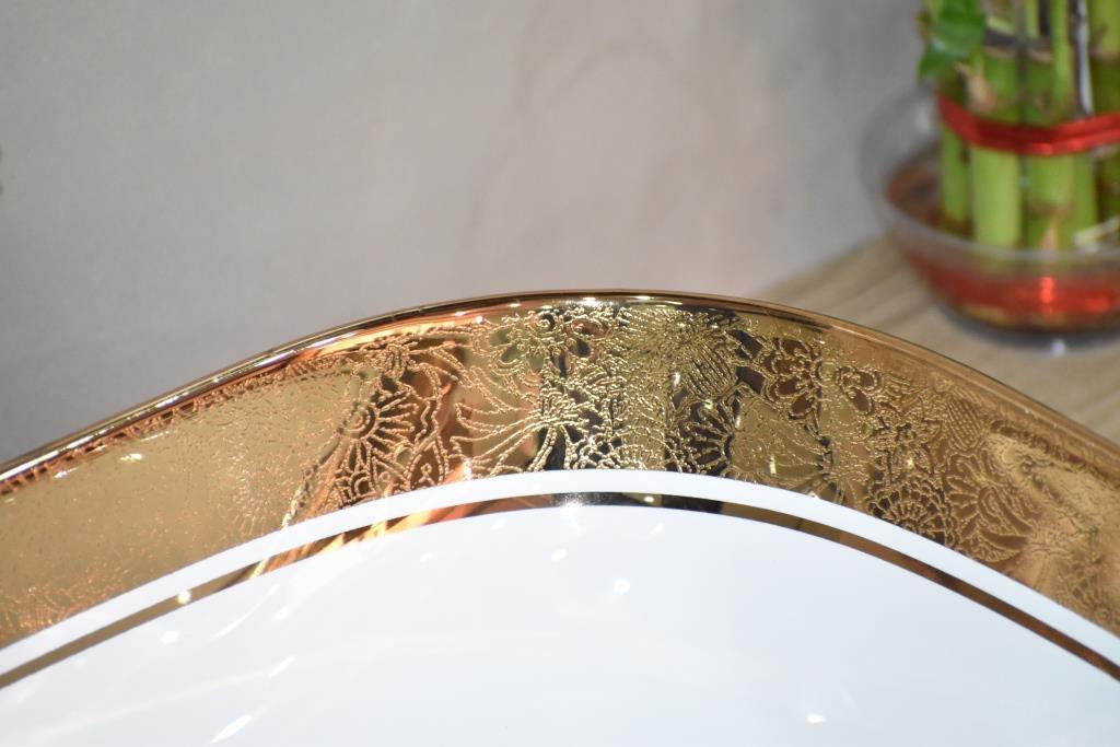 Designer Ceramic Wash Basin/Vessel Sink/Over or Above Counter Top Wash Basin for Bathroom Round Shape Golden White 18 x 13 x 5.5 Inch Gold White Line - Bath Outlet