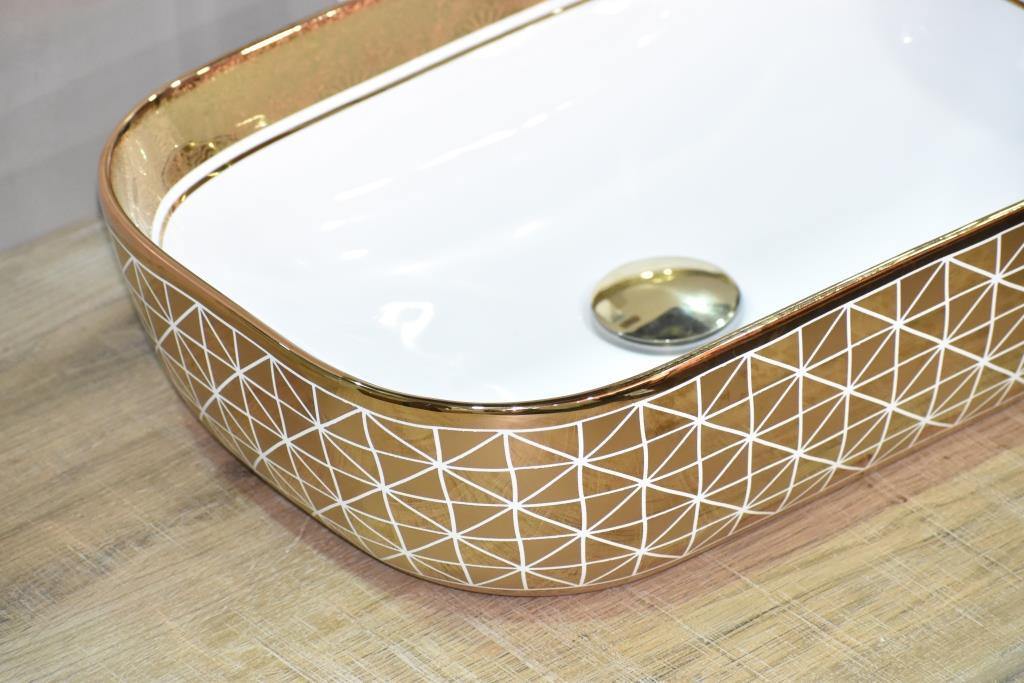 Designer Ceramic Wash Basin/Vessel Sink/Over or Above Counter Top Wash Basin for Bathroom Round Shape Golden White 18 x 13 x 5.5 Inch Gold White Line - Bath Outlet