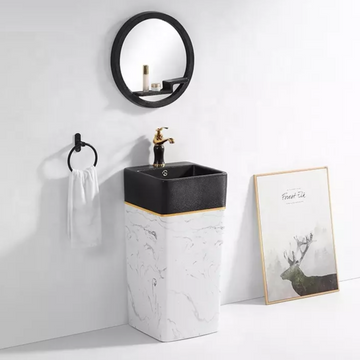 B Backline Ceramic Pedestal Wash Basin Rectangle 16 x 16 x 33 Inch Black White