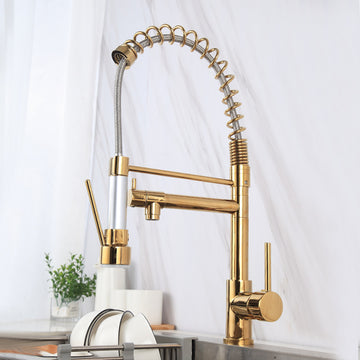 B Backline Brass Single Lever Sink Mixer 360° Rotatable Pull-Down Sprayer Kitchen Faucet with Multi-Function Tap Gold